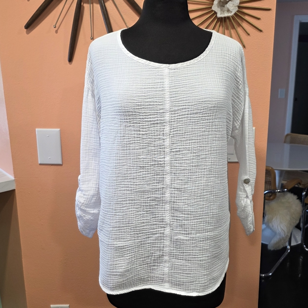 CMC By Color Me Cotton Medium White 3/4 Sleeve Relaxed Blouse Gauze Top - Picture 2 of 9